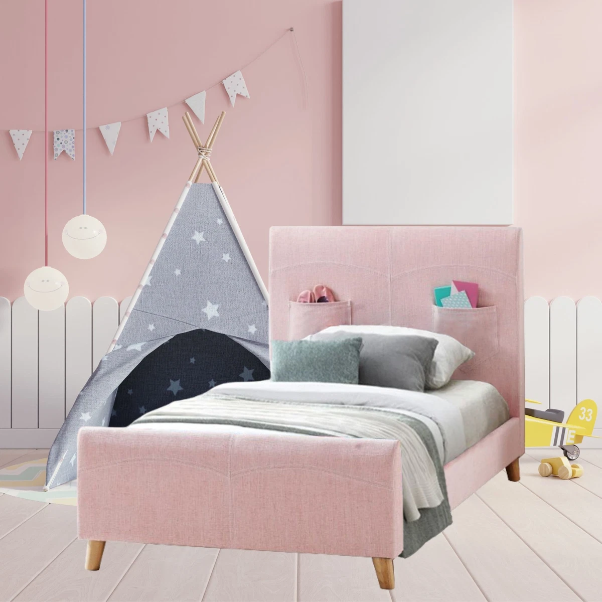 Pink upholstered single bed deals