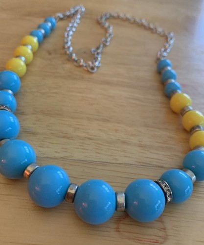 Vintage Blue And Yellow Bead Necklace. 26”. Rhinestone Accents - Picture 8 of 9