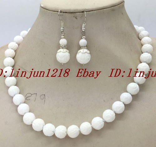 Perrty! Natural White 10mm Carving Coral Gemstone Neckalce Earring 18'' - 第 8/12 張圖片
