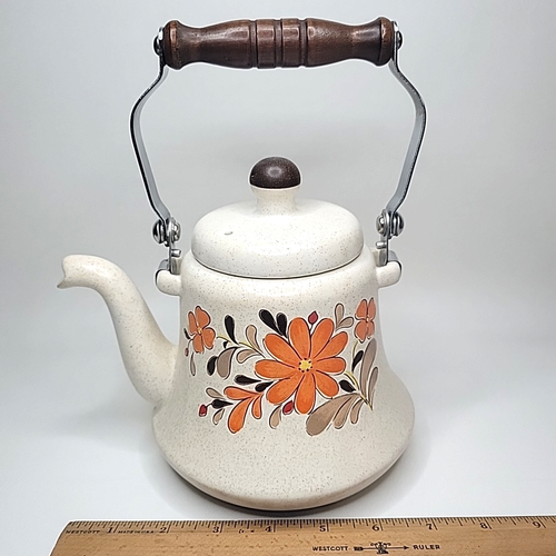 60er Jahre Japan Steingut Teekanne Holzgriff florales Design orange gelb Blumen *** - Bild 22 von 24