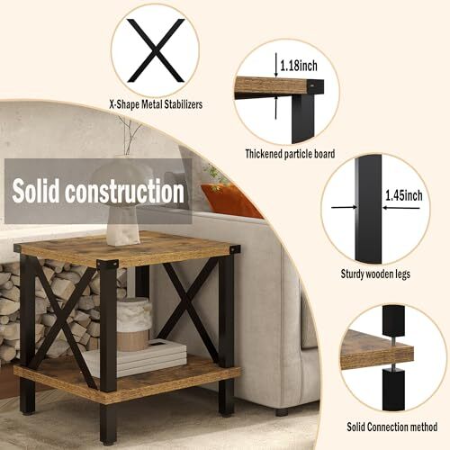 Large End Table Farmhouse Side Table Industrial Style Sofa Table Rustic Brown - Bild 4 von 7