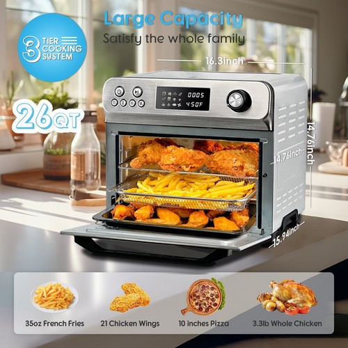 HYSapientia 26QT Stainless Steel Air Fryer Oven With Rotisserie 1800W Mini Oven - Picture 3 of 11
