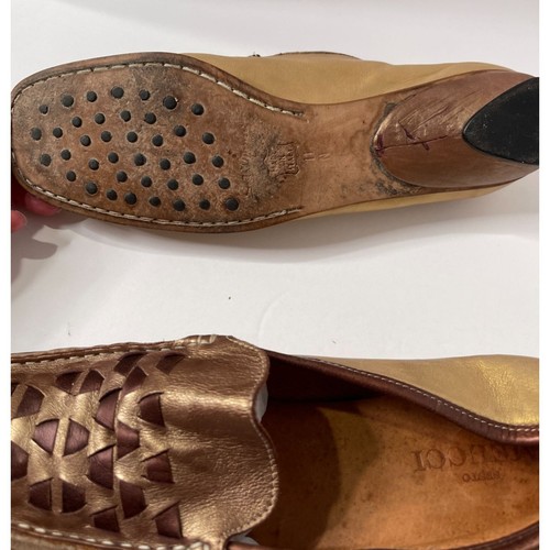 Sesto Meucci Leather Loafers Driver Shoes Woven Gold Brown Italy Size 11 - Picture 6 of 7