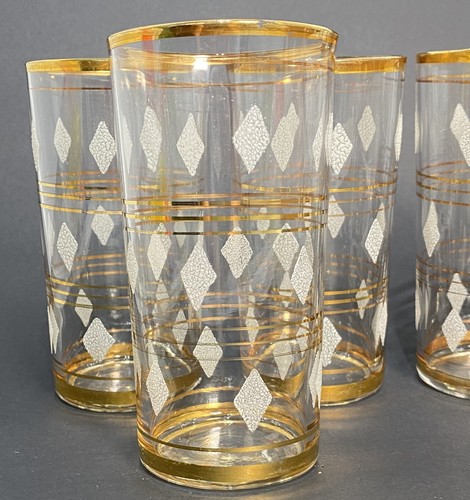 6 Vintage Longdrinkgläser Cocktail Gläser Becher 5,25" Gold Streifen weiße Diamanten MCM - Bild 8 von 24