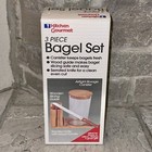 New NOS Vintage Kitchen Gourmet 3pc Bagel Set Stainless 8” Knife Holder Wooden
