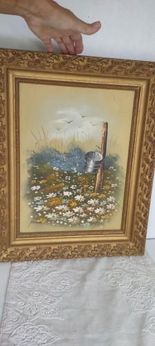 Vintage Landscape Country Fields Oil Painting Signed Kane framed 17x21 Flowers - Picture 5 of 12