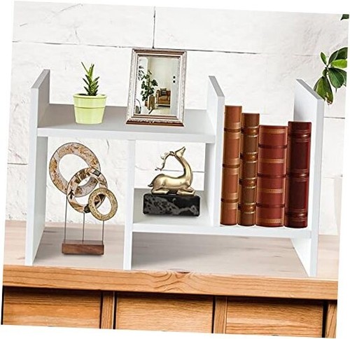 Desktop Bookshelf Desk Storage Organizer Adjustable Wood Desktop Display White