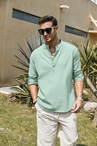 Men's Cotton Linen Henley T-Shirts Long Sleeve Hippie Casual Medium Green - Picture 5 of 7