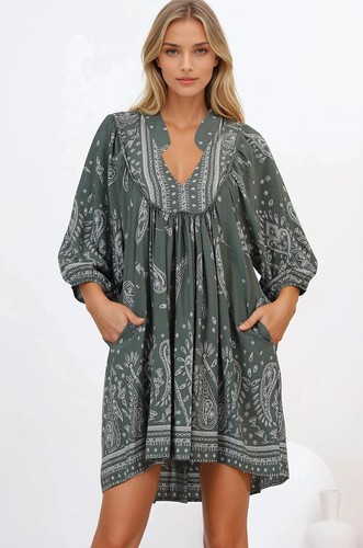 JAASE - Boheme Mini Dress: Mandarin Collar Slimline Smock Dress in Constance ... - Picture 7 of 9