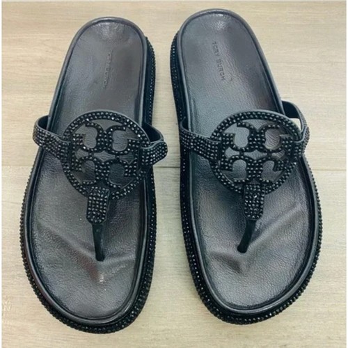 Sandalias Tory Burch Talla 8.5 Negro Pavé Cristal Miller Tanga Plataforma NUEVAS $328 - Imagen 4 de 14