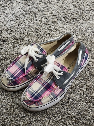 American Eagle Boat Women's Shoe Plaid Fabric Pink Gray White Sz 7.5 - Picture 2 of 13