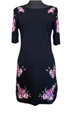 INC Women’s Black Grannycore Embroidered Flowers Elbow Sleeve Sweater Dress L