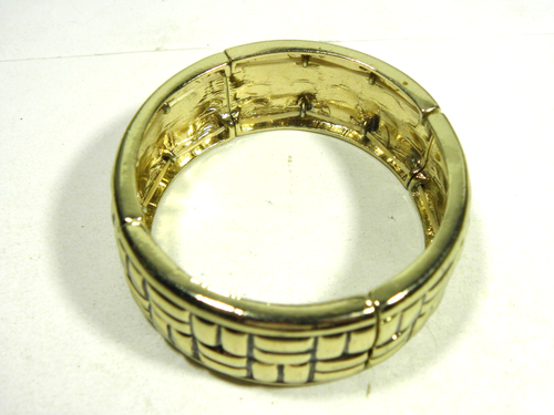 Gold Tone Stretch Bracelet Textured Rectangle Wide Minimalist - Picture 3 of 3