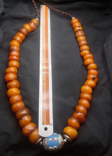 Collana antica vintage tibetana ambra baltica perline grandi filo lungo - Foto 4 di 11
