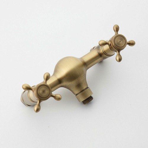 Antique Brass Bathtub Faucet Dual Handles Rainfall Shower Wall Mounted Mixer Tap - Picture 6 of 11