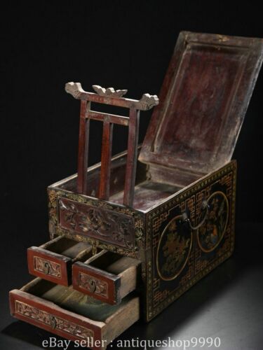 13" Old Chinese lacquerwork Wood Carving Flower Bird Pattern Square Book Box - Picture 3 of 9