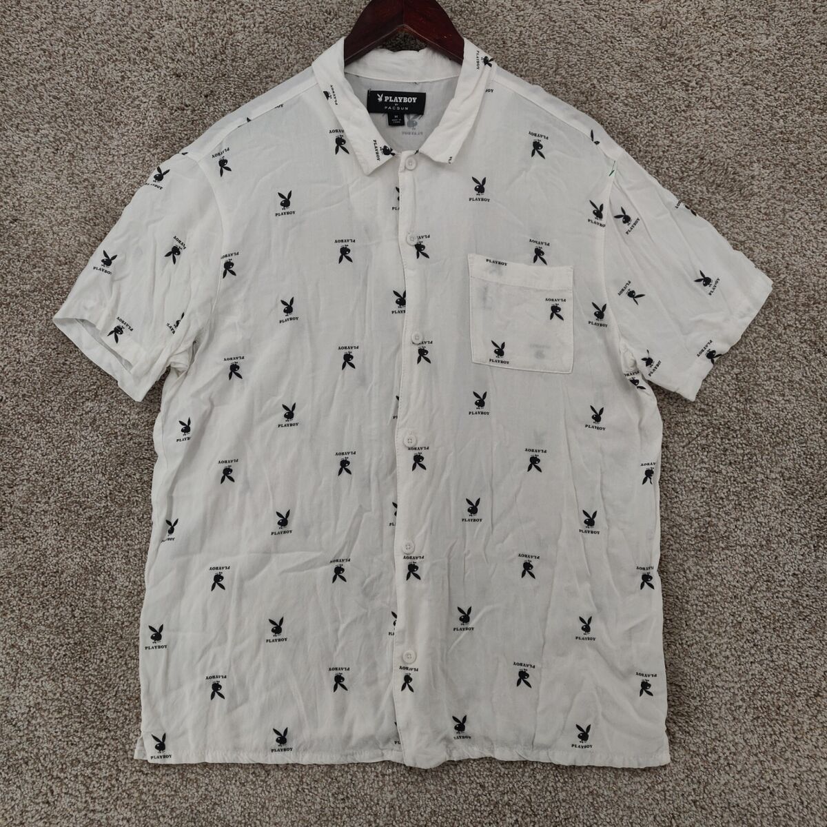 Playboy Pacsun Shirt Mens Medium M White Bunny AOP Short Sleeve Button
