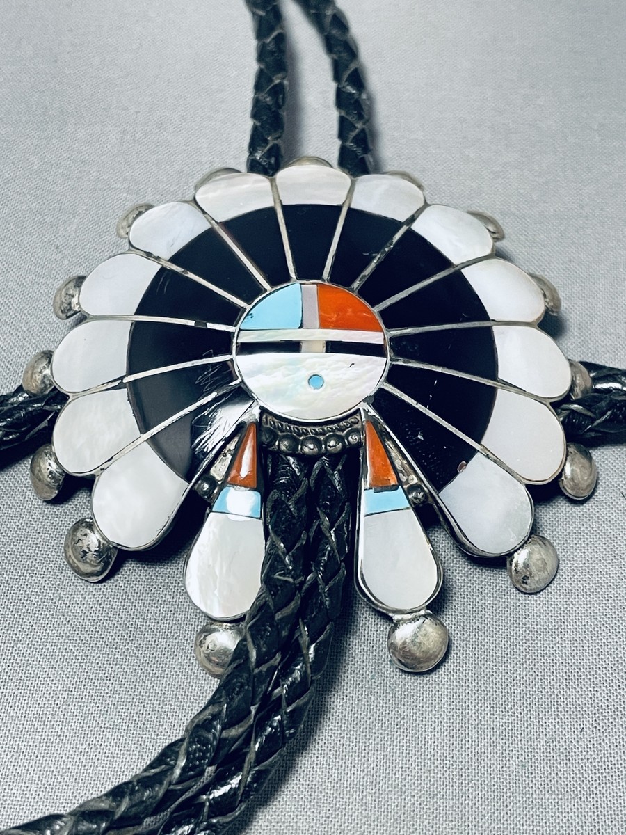 Hypnotic Vintage Signed Native American Zuni Inlay Jet Coral Turquoise Mother Of Pearl Bolo Hypnotic Vintage Signed Native American Zuni Inlay Jet Coral Turquoise Mother Of Pearl Bolo
