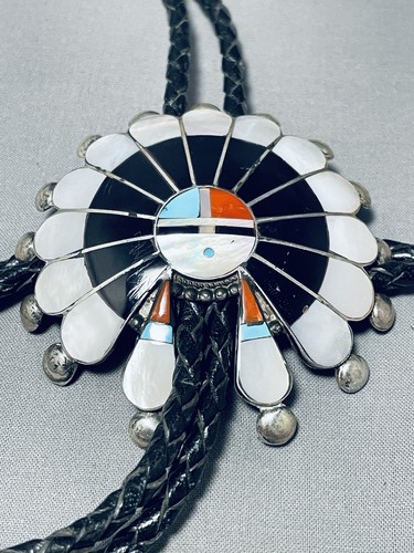Hypnotic Vintage Signed Native American Zuni Inlay Jet Coral Turquoise Mother Of Pearl Bolo Hypnotic Vintage Signed Native American Zuni Inlay Jet Coral Turquoise Mother Of Pearl Bolo