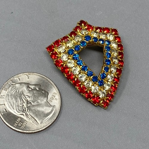 VTG Rhinestone Brooch Pin Red White Blue Superhero Shield Patriotic Prong Set - Picture 8 of 9
