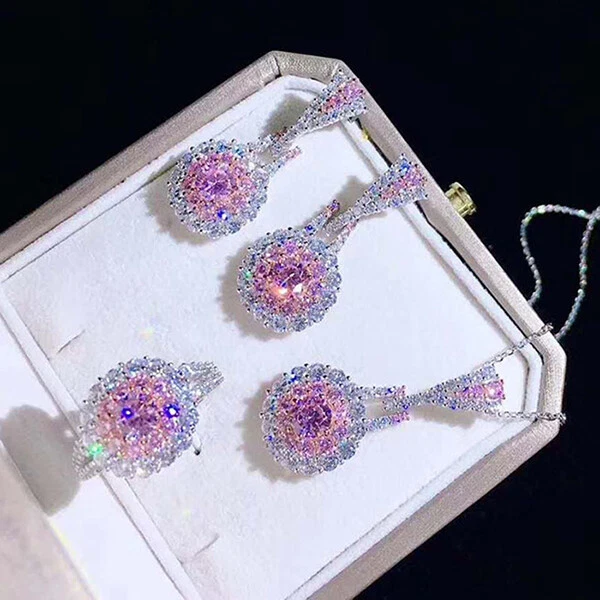 Conjunto de 3 piezas de flores para mujer lote de gemas de topacio rosa dulce collar pendientes anillos Foto 2 de 4