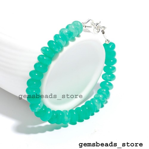 925 Sterling Silver Natural Green Onyx Quartz 8-9 mm Smooth Beaded Bracelet 7" - Picture 2 of 9