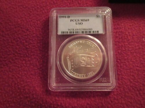 1991-D USO Silver Commemorative Dollar MS69 PCGS Mint State 69 w/box 90% SILVER - Picture 3 of 6