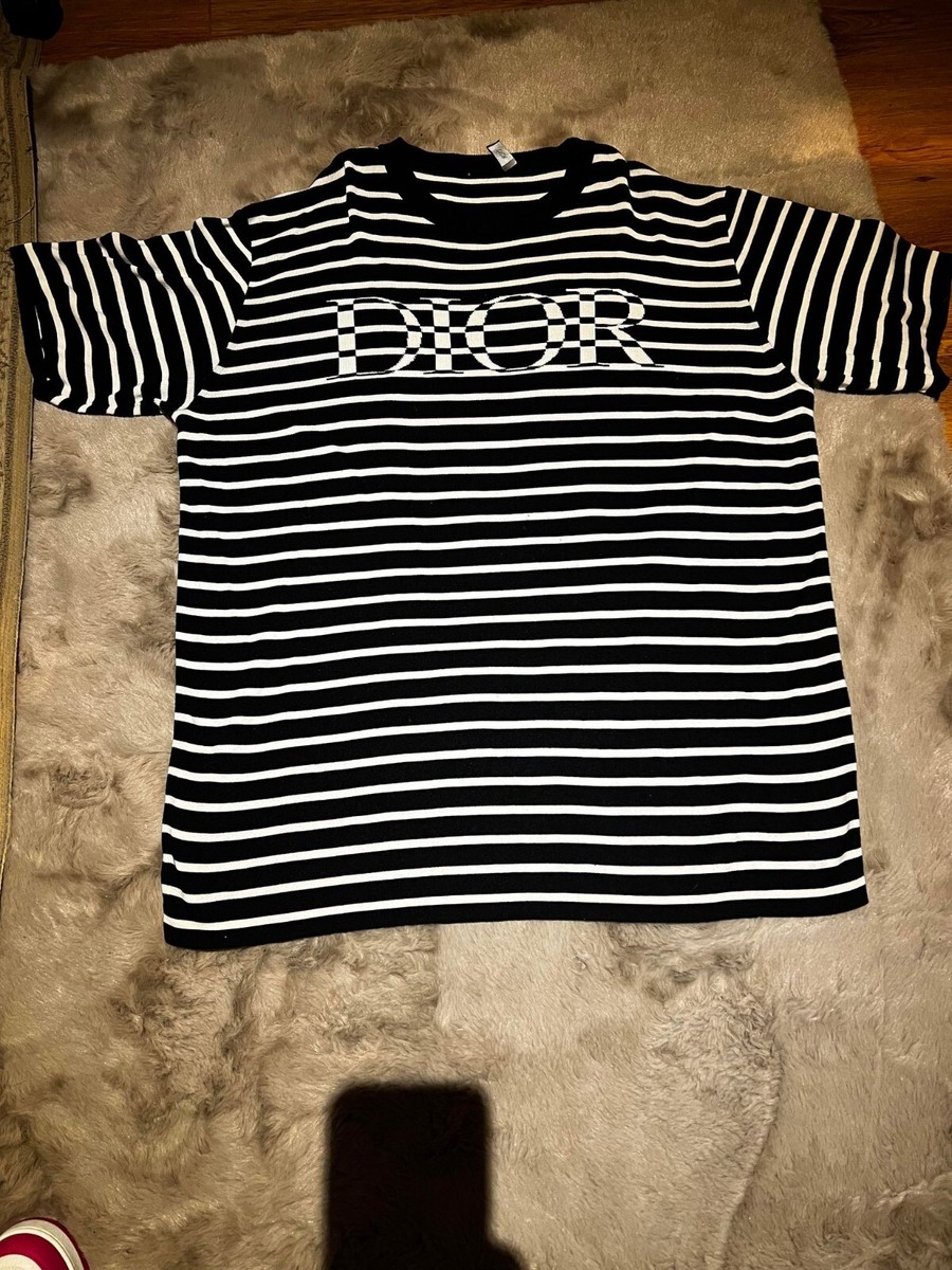 【関税&送料込】Dior Cotton Striped T-Shirt Genuine Christian Dior 2021 Black White Striped Logo Knit