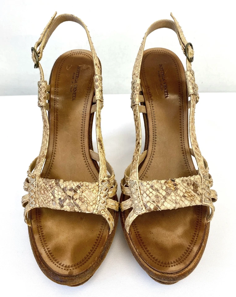 BOTTEGA VENETA Sandalias de Cuero Pitón Beige Cuñas 39.5 9.5 Zapatos Serpiente RARAS Foto 2 de 4