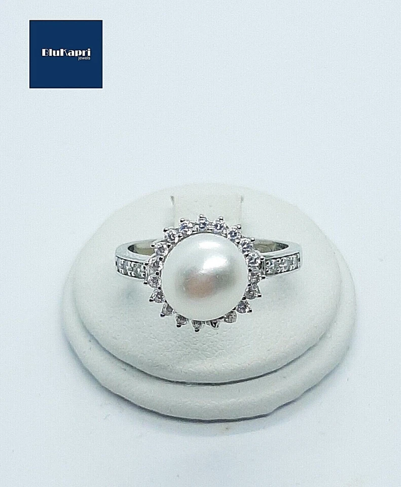 Anello donna argento 925 con perla e zirconi bianchi solitario fascia brillante - Immagine 3 di 4