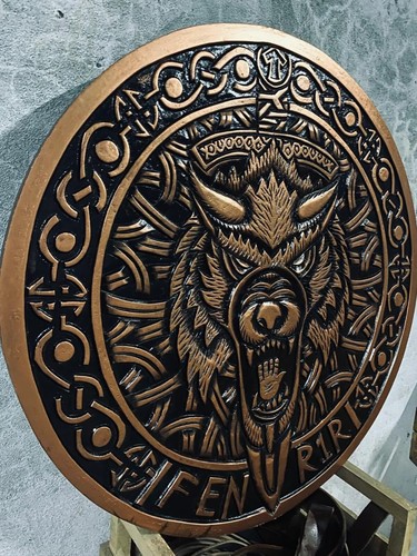 Medieval Wooden Viking Wolf Dragon Hand Carved Wooden Shield Wall Decor - Picture 2 of 3