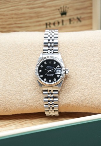 Ladies Steel & White Gold Rolex Datejust 26 69174 Factory Black Diamond Dial