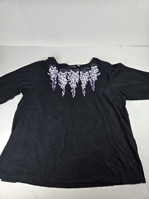 Bob Mackie Shirt Top Womens 2X Black Pullover Wearable Art Cotton Embroidered