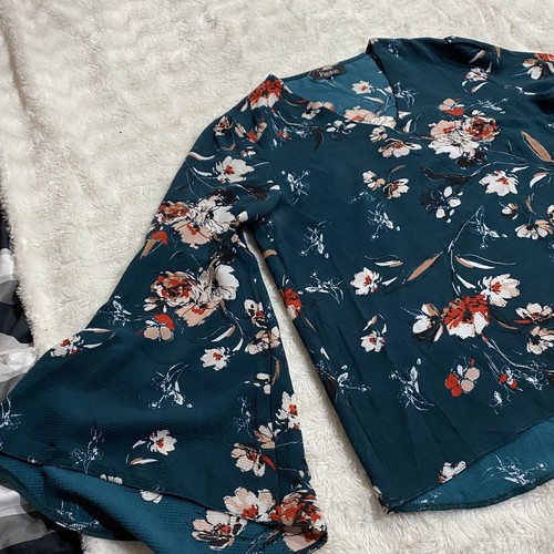 Papillon Women's Teal Floral Print Polyester Flared Sleeve Kimono Blouse Size L - Picture 3 of 12