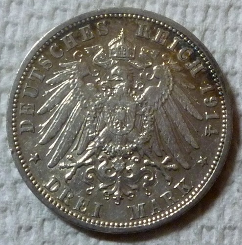 1914-A PRUSSIA - DREI 3 MARK - WILHELM II - .900 SILVER - 1/2 Oz - KM# 538 - Picture 4 of 5