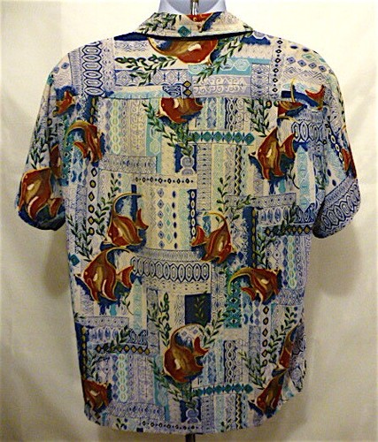 1960'S SPORTSWEAR RAYON HAWAIIAN SHIRT ABSTRACT TAPA FISH PRINT MOTIFS MED/LARGE - Picture 2 of 12