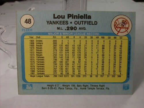 1982 Fleer Baseball #48 - Lou Piniella - New York Yankees 82-856 - Bild 2 von 2