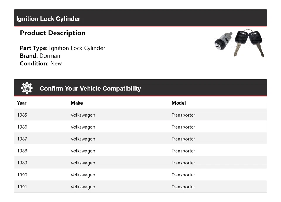 Cilindro de bloqueo de encendido para Volkswagen Transporter Dorman 1985-1991 1986 1987 Foto 2 de 4