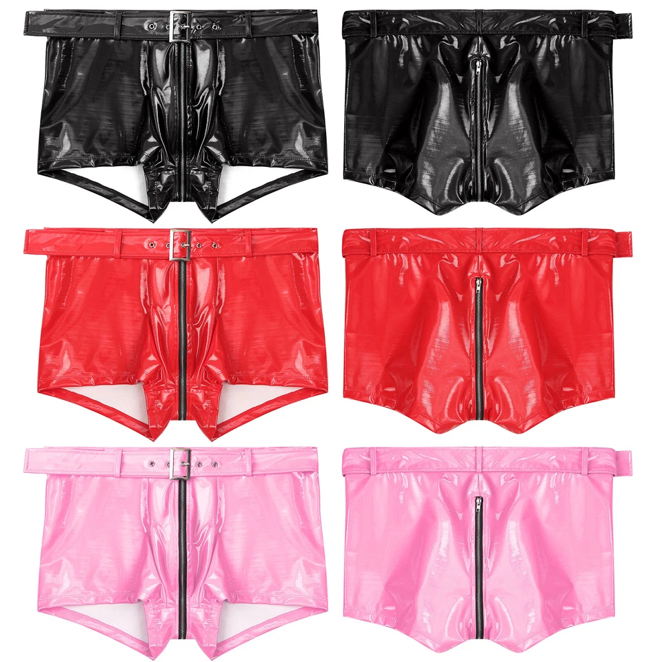 Mens Wetlook PVC Leather Shorts Bulge Pouch Boxer Briefs Trunk Zipper Hot Pants - Image 2 of 3