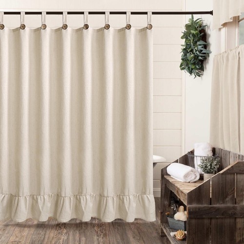 Linen Button Farmhouse Shower Curtain with Ruffle Beige Shower Curtains for B... - Picture 4 of 6