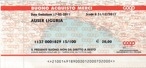 BUONO ACQUISTO MERCI COOP - AUSER LIGURIA - 20 € -   C5-966 - Foto 1 di 2