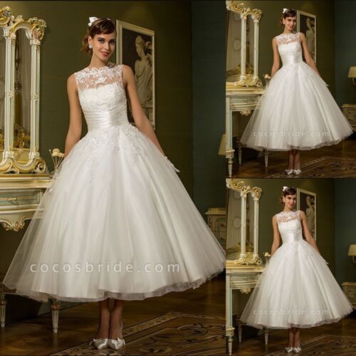 British Wedding Dresses Elegant Tea Length Sleeveless A Line Short Bridal Gowns - Picture 4 of 11