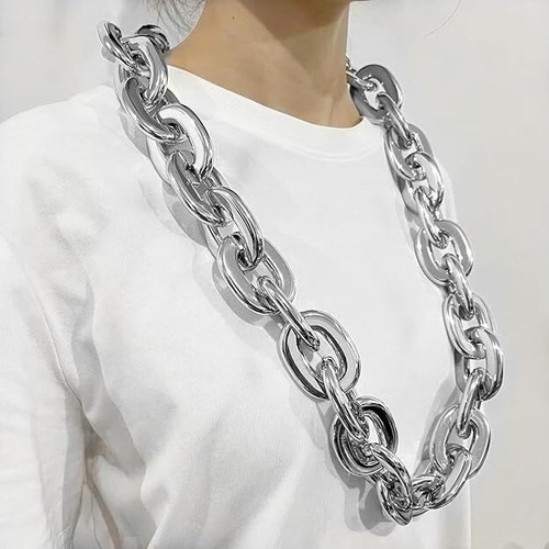 Collar de cadena de eslabones cubanos de plástico grueso acrílico grande hip hop plateado 32 pulgadas 80 cm - Imagen 6 de 6