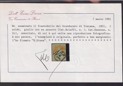 1860 Toscana:1s. giallo oro su azzurro (N°2c) ben marginato SPL. (339/s75) - Picture 2 of 2
