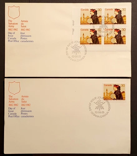 Canada Stamps 1982 First Day Covers x 2 Salvation Army Block of 4 & Single (w)