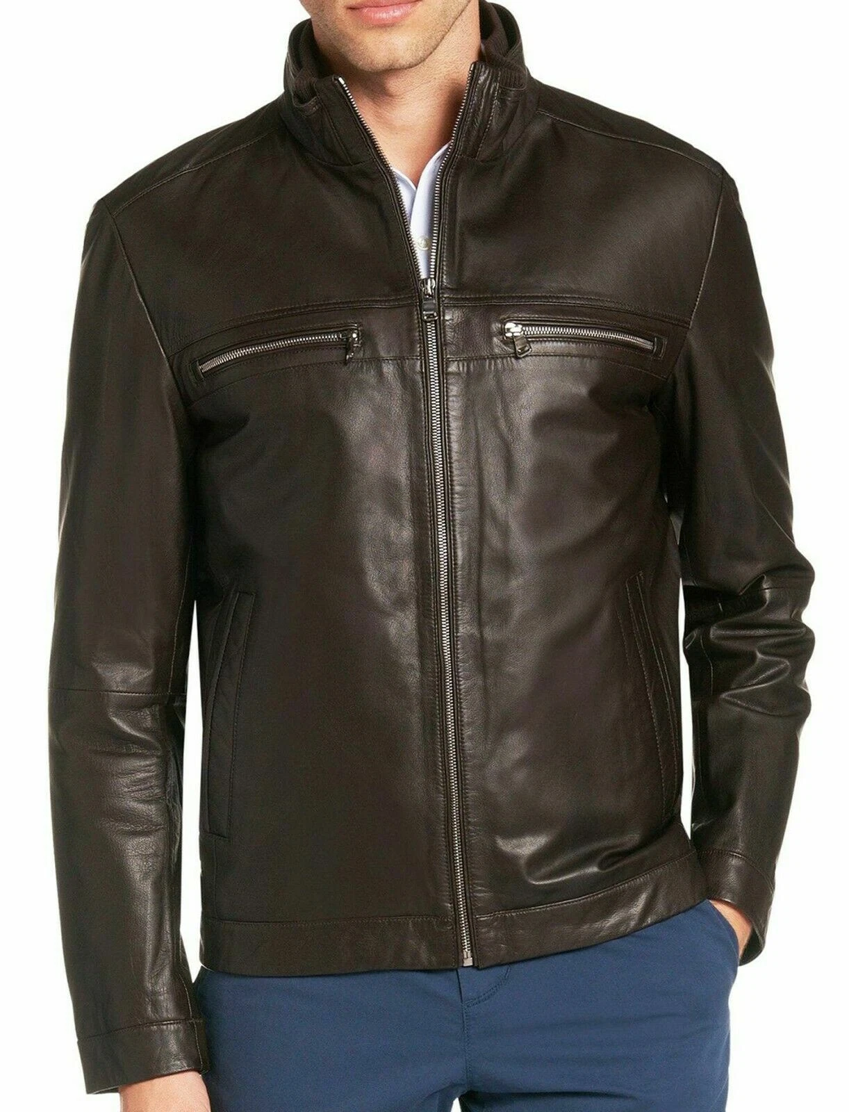 Men's Real Leather Pure Lambskin Jacket Brown Motor Biker Classic Stylish Jacket