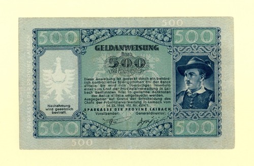 SLOVENIA LAIBACH YUGOSLAVIA 500 LIRE 1944 P-R8 VF++ SERIAL: A VERY RARE - Picture 1 of 2