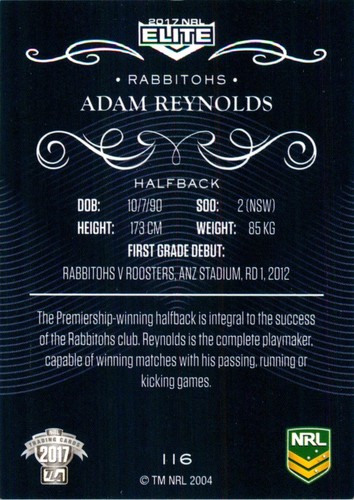 2017 SOUTH SYDNEY RABBITOHS NRL Card ADAM REYNOLDS - Picture 2 of 3