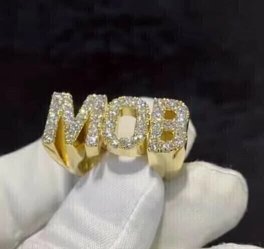 3Ct Round Cut Moissanite Custom Letter Men's Ring 14K Yellow Gold Plated Silver - Image 4 of 4