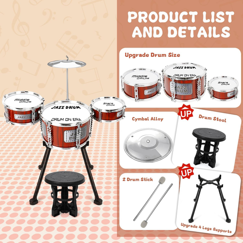 Kids Drum Set Music Toy Drum Set for Toddlers Ages 3-5 Jazz Drum Kit with Stool, - Picture 3 of 12